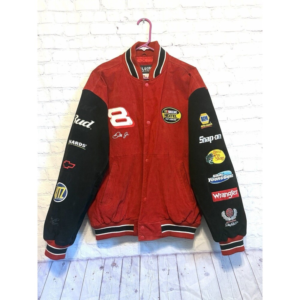 Wilsons Leather Budweiser NASCAR Jacket Mens L Red Dale Earnhardt Jr 8 Excellent